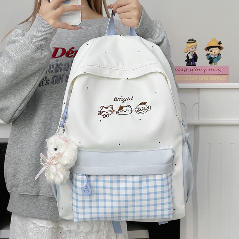 Sweet College-Style Backpack for Girls, Plaid Patchwork School Bag for Junior High School Students, Color-Blocking Japanese-Style Backpack