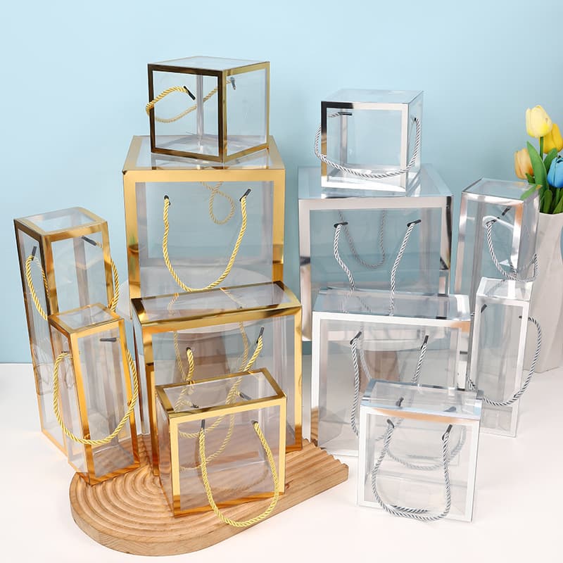 Ready-to-Ship Gold Stamping Transparent Hand Carry Plastic Box PVC Souvenir Box Snowflake Pastry Gift Box Pet Square Packaging Box