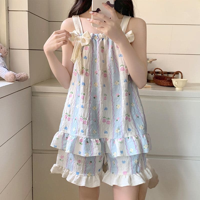 Pajamas with breast pads for women summer 2026 new cloud cotton suspender shorts sweet and cute home wear two-piece set