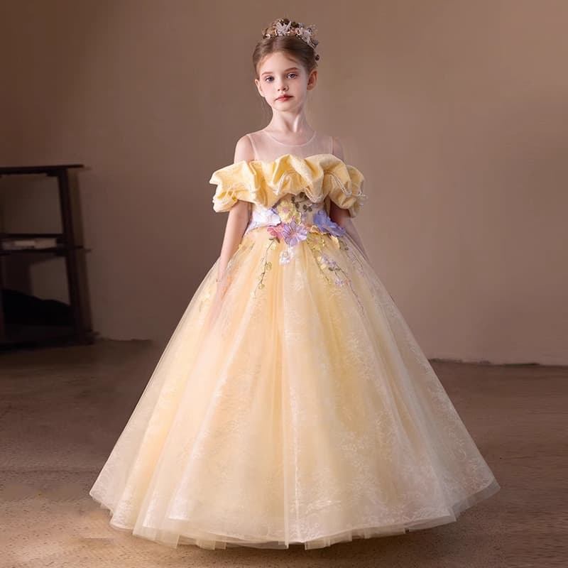 Children's Formal Dress Girls Light Luxury Princess Dress Yellow Floral Model Catwalk Host Birthday Piano Performance Outfit Summer