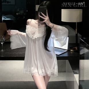 Yiyue Lingerie Sexy Beaded Chain Strap Lace Sleep Dress Pure Desire Flirting Transparent Uniform Pajama Set 1492