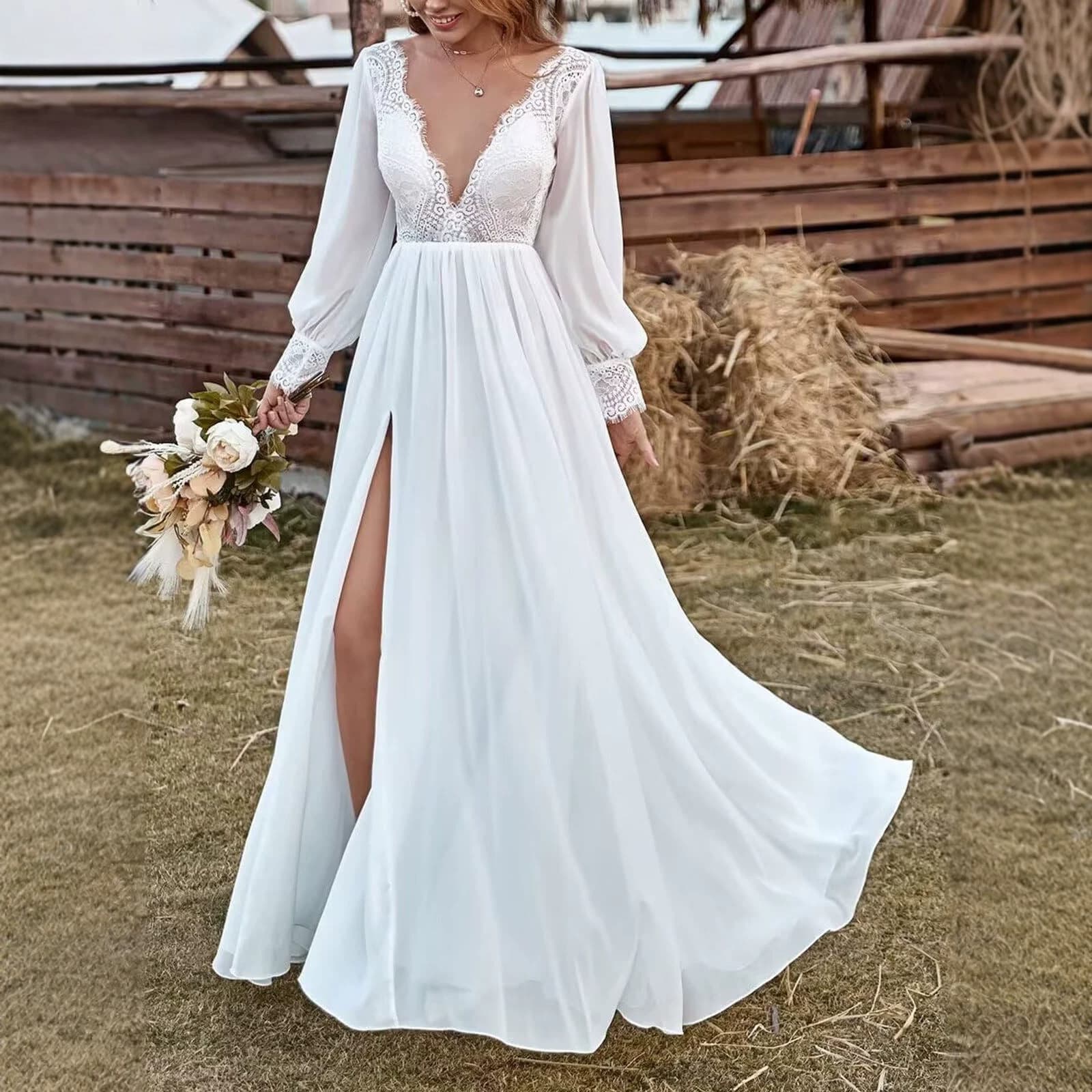 European-American Bohemian Deep V Long-Sleeve Lace Wedding Dress, Chiffon Slit Big Skirt, Bride Outdoor Lawn Wedding Gown