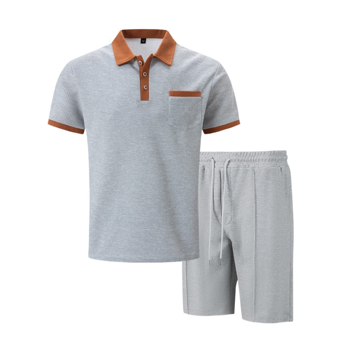 Cross-Border Hot-Selling Men's Summer Two-Piece Set with Color-Blocking Short-Sleeve Polo Shirt + Drawstring Shorts Sports Polo Shirt Set