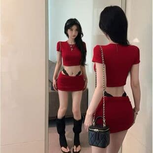 Fashion Casual Set Fitted Short Sleeve T-Shirt for Women Summer High-Waist Bodycon Skirt Short Skirt Hot Girl Two-Piece Set