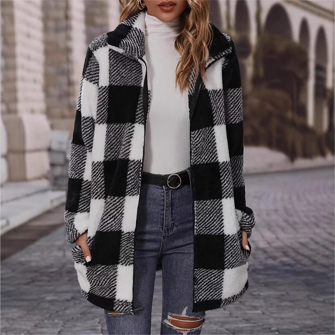 European and American Autumn Women's Loose Fit Plaid Zip-Up Double-Sided Fleece Long Coat with Lapel Collar, Chic and Casual Versatile Style