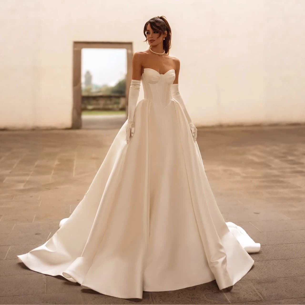 French Satin Strapless Wedding Dress Slim Fit Sculpted Bodice Bride Reception Gown Petite Forest Fairy Style