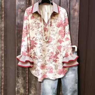 2026 Cross-border Independent Station 3D Floral Print Spring/Summer V-Neck Ruffle Long Sleeve T-Shirt