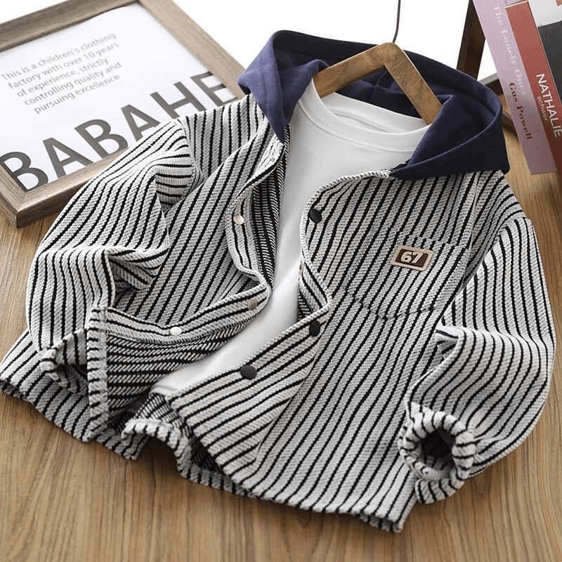 Children's Autumn Outerwear Boys' Striped Hooded Top 2024 Spring/Autumn New Stylish Long Sleeve Shirt Boy Trendy
