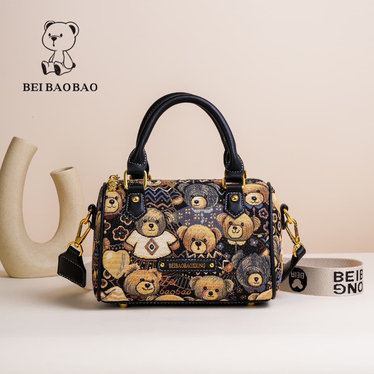 Fashionable Boston Bag Women's Handbag Street Trend Canvas Small Size Shoulder Crossbody Bag with Contrast Stitching