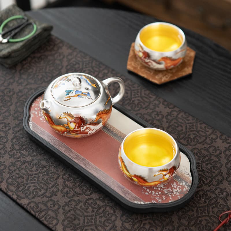 Silver enamel horse to success tea set, one pot and two cups, travel portable gift box, souvenir