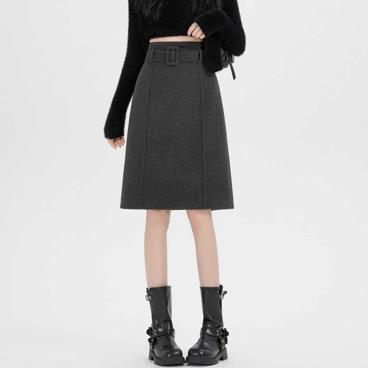 Solid Color Wool Blend Pencil Skirt Midi Autumn/Winter New Slim A-Line Skirt High-Waist Versatile Office Elegant Skirt Women