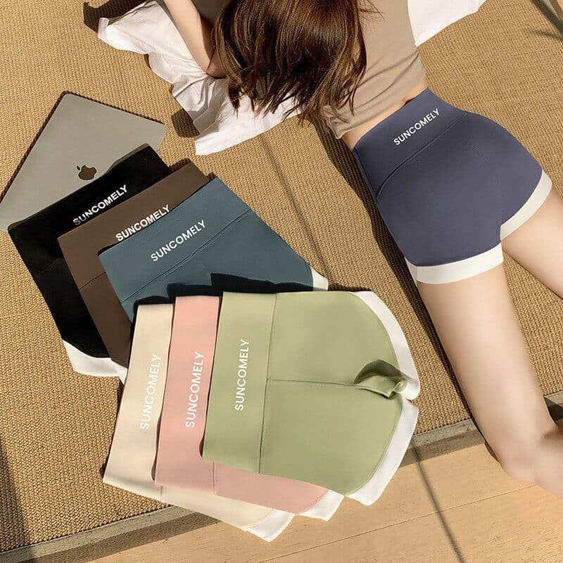 Yoga Pants Summer Thin Three-Quarter Shark Pants for Women, Color-Blocking Shorts, High-Waisted Tummy Control Safety Shorts
