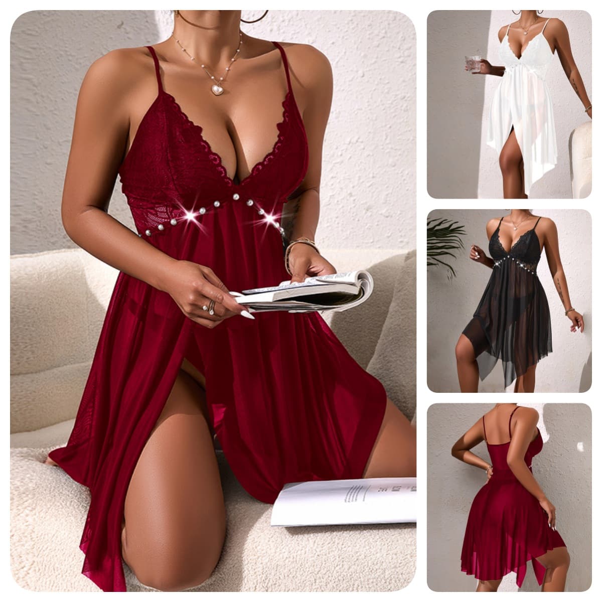 Export Summer Thin Lace Slip Dress Pearl Waist Ornament Front Slit See-through Women's Sexy Chemise 892