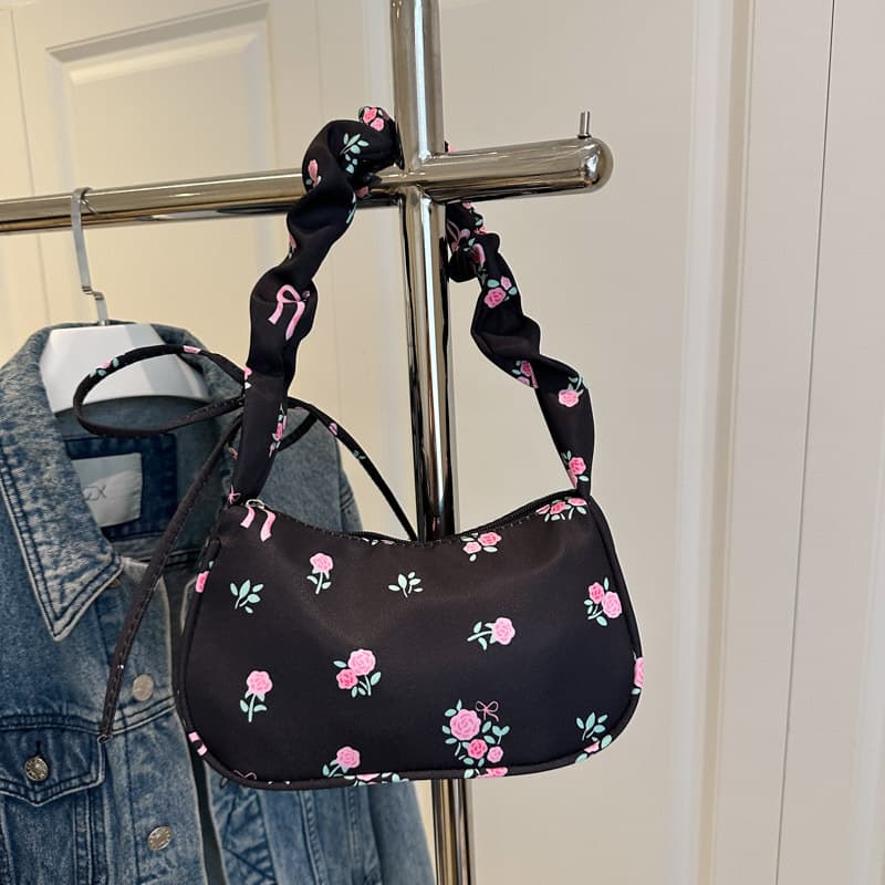 Sweet Chic Women's Bag New Style Crinkle Drawstring Handbag Floral Print Fashion Versatile Shoulder Underarm Bag