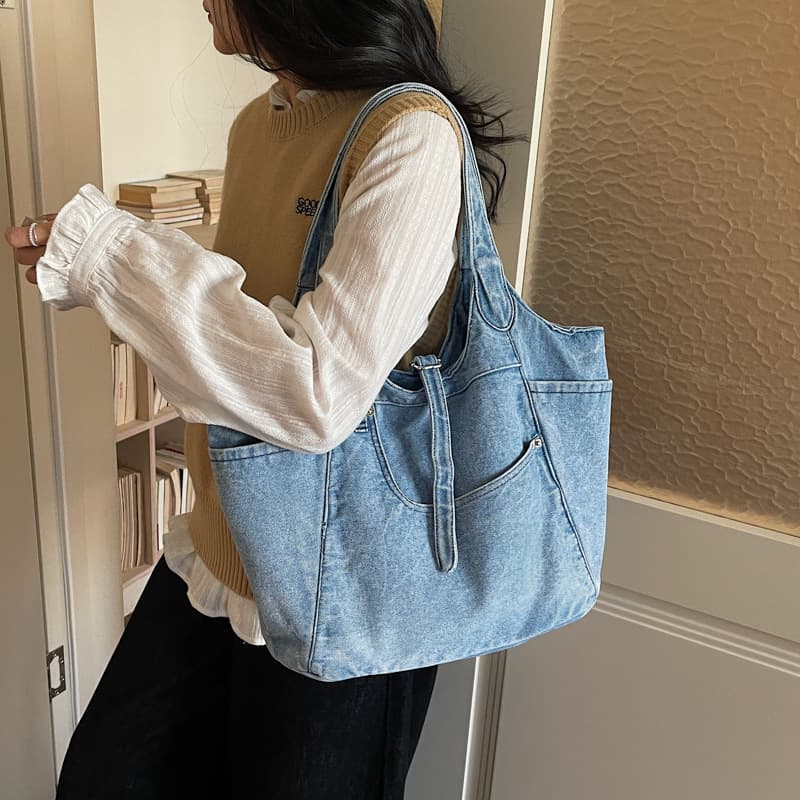 Light blue distressed denim texture multi-pocket tote bag Korean style casual and versatile casual shoulder bag for young ladies