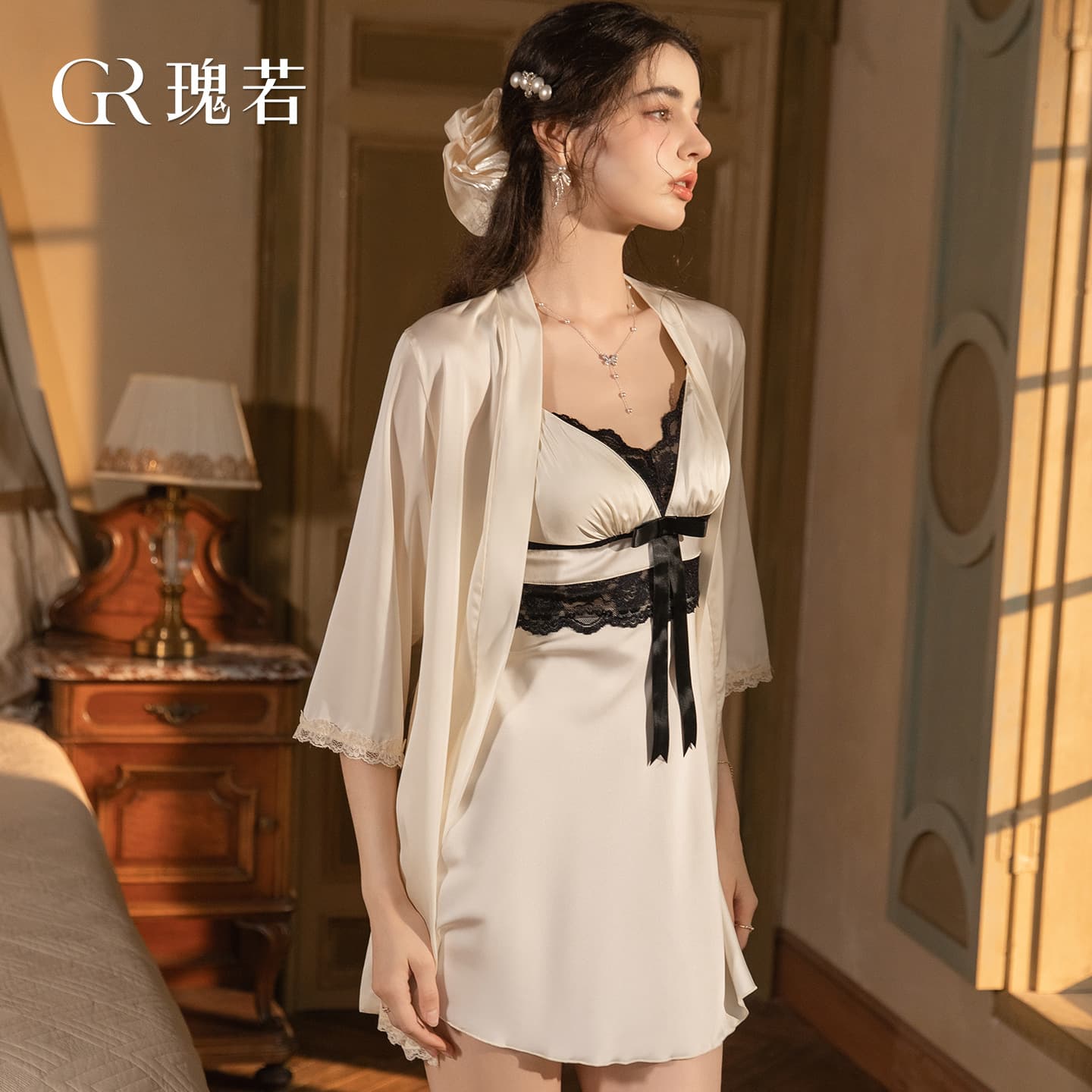 Gorgeous silky satin lace three-dimensional bow with breast pads and suspenders nightgown and robe home wear set XK7040