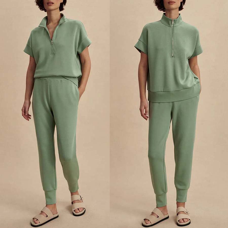 2025 European and American Autumn Winter New Short Sleeve Zip Lapel Suit Ins Loose Casual Pants Two Piece Set for Women