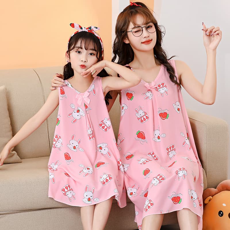 Girls' Nightgown Cotton Silk Thin Style Children's Parent-Child Matching Outfit Little Girl Pleated Princess Dress Home Dress Pajamas