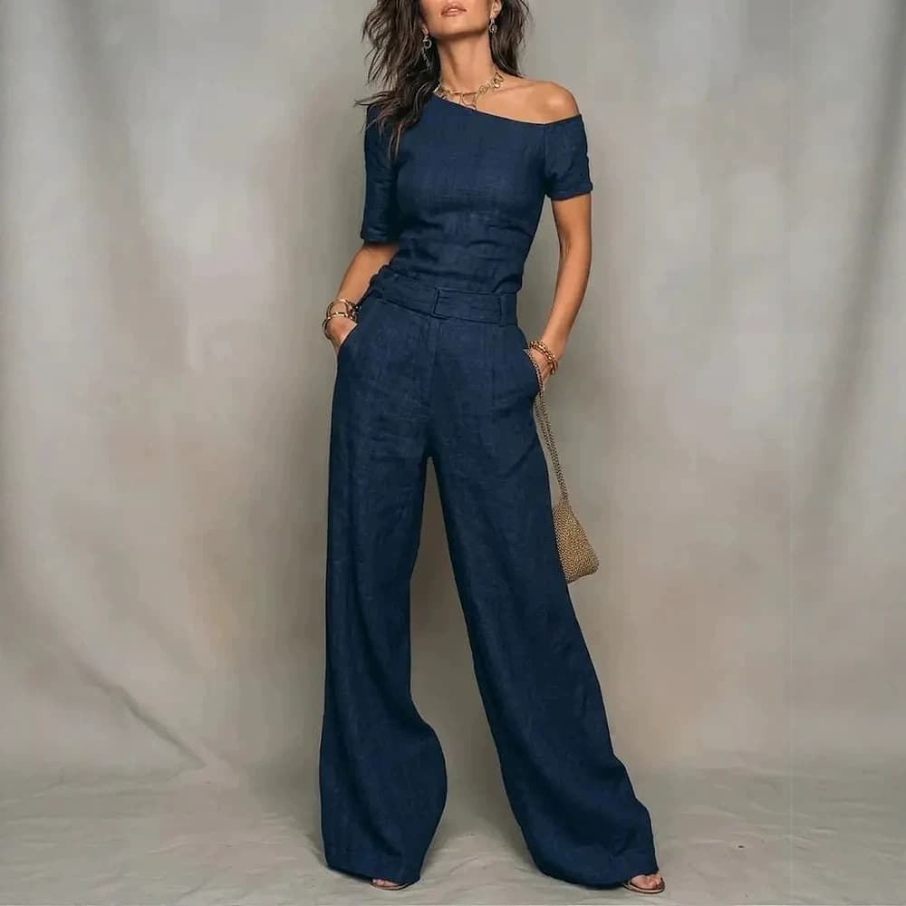 New Cross-Border Amazon Asymmetric One-Shoulder Short-Sleeve Jumpsuit Solid Slim Fit Wide-Leg Long Pants Elegant European and American Women's Fashion