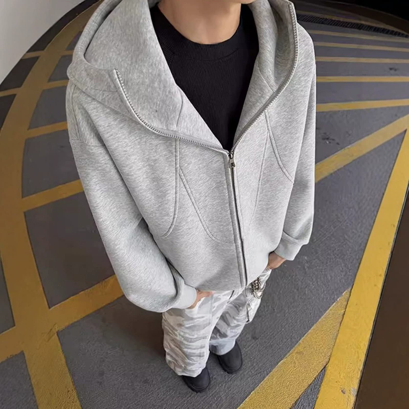 American-style gray patchwork deconstructed oversized unisex jacket, autumn retro heavyweight premium hooded casual sweatshirt