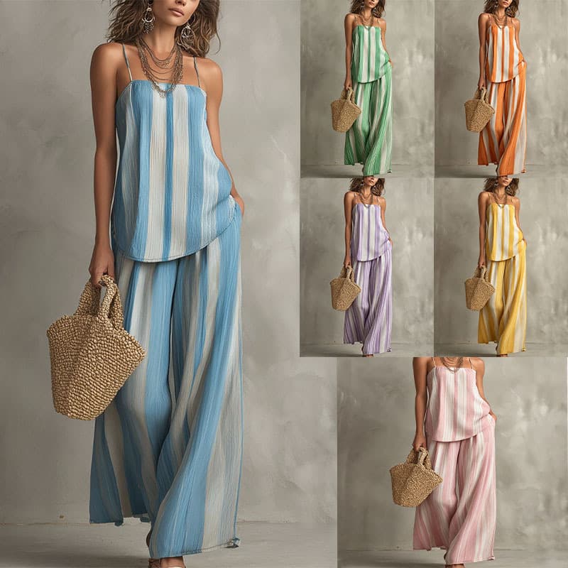 2026 summer cross-border European and American striped texture suspenders wide-leg pants two-piece set vacation style vest trousers suit