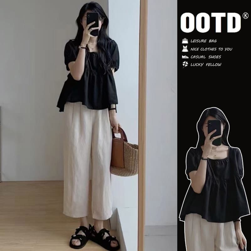 The picture has been processed. 2023 summer trendy design French top shirt + wide-leg pants maternity suit