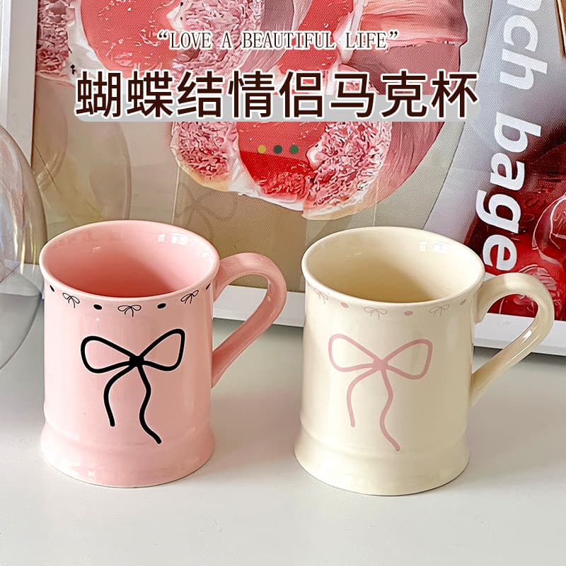 Ins Style Bow Couple Mug Ceramic Drinking Cup Coffee Cup High Appearance Level Women's Birthday Gift