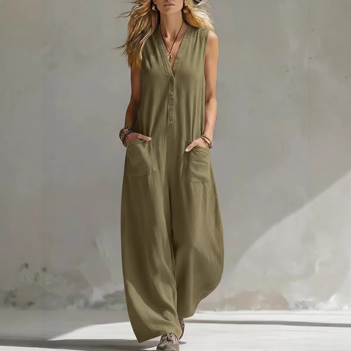 2026 New Cross-Border Women's Linen Sleeveless Jumpsuit European and American Style Summer High-End Women's Jumpsuit