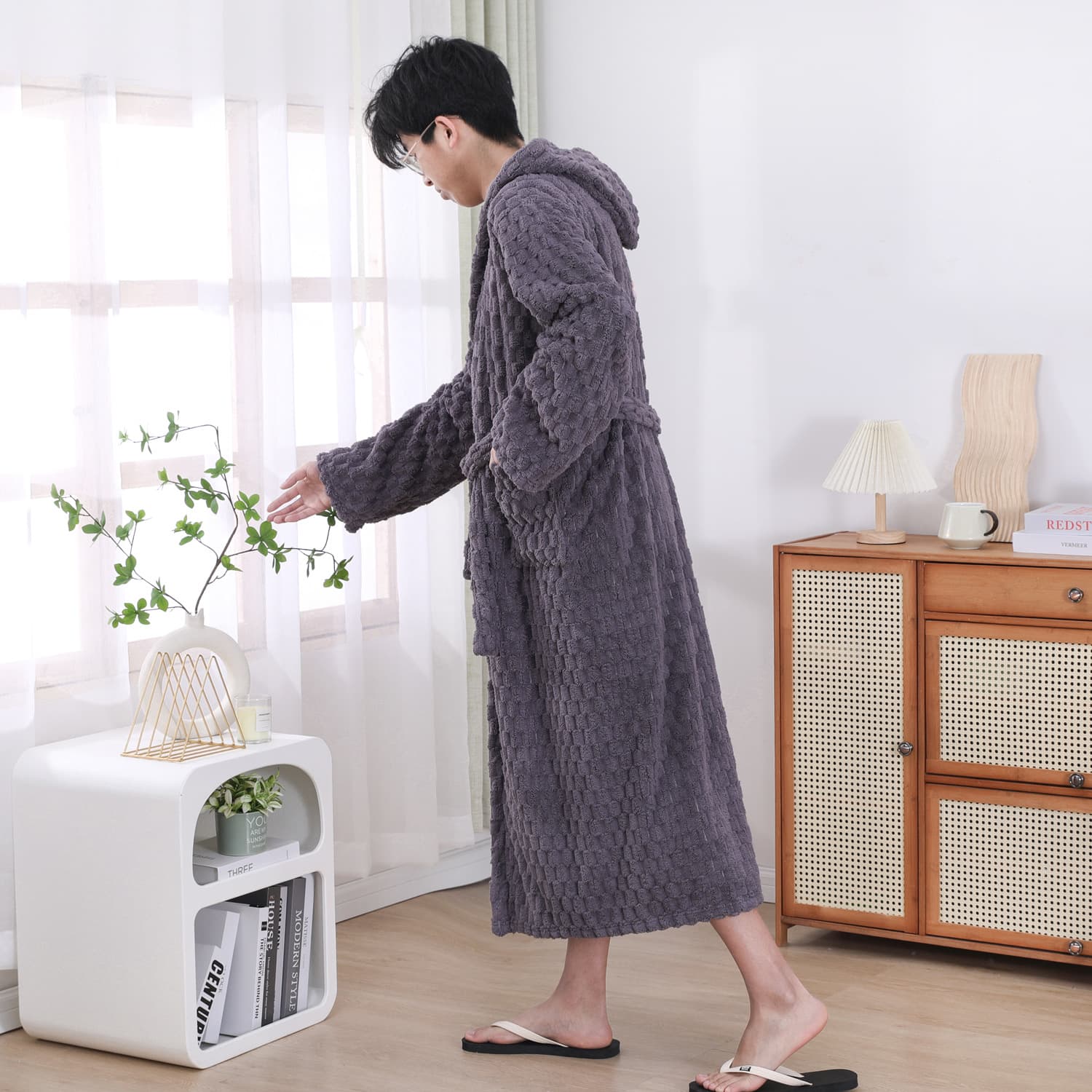 Cross-Border Men's Plus Size Bathrobe Coral Fleece Soft Absorbent Bathrobe Cloud Grid Long Robe Turtle Pattern Pajamas