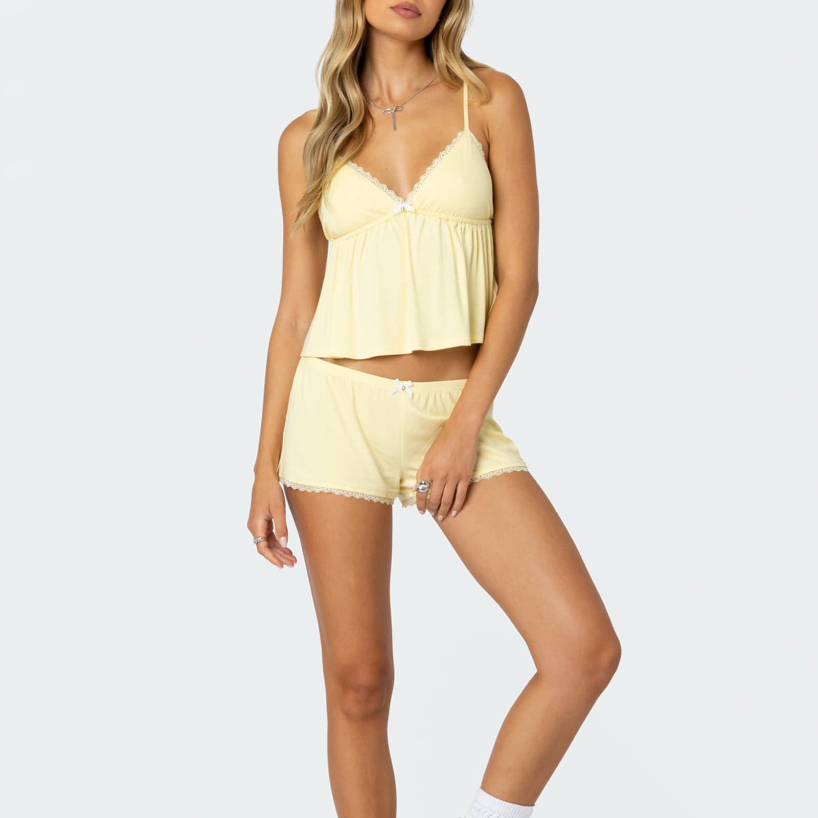 Fashionable Casual Loungewear Pajama Set with V-Neck Camisole, Umbrella-Shaped Loose Shorts, and Lace Trim, Comfortable
