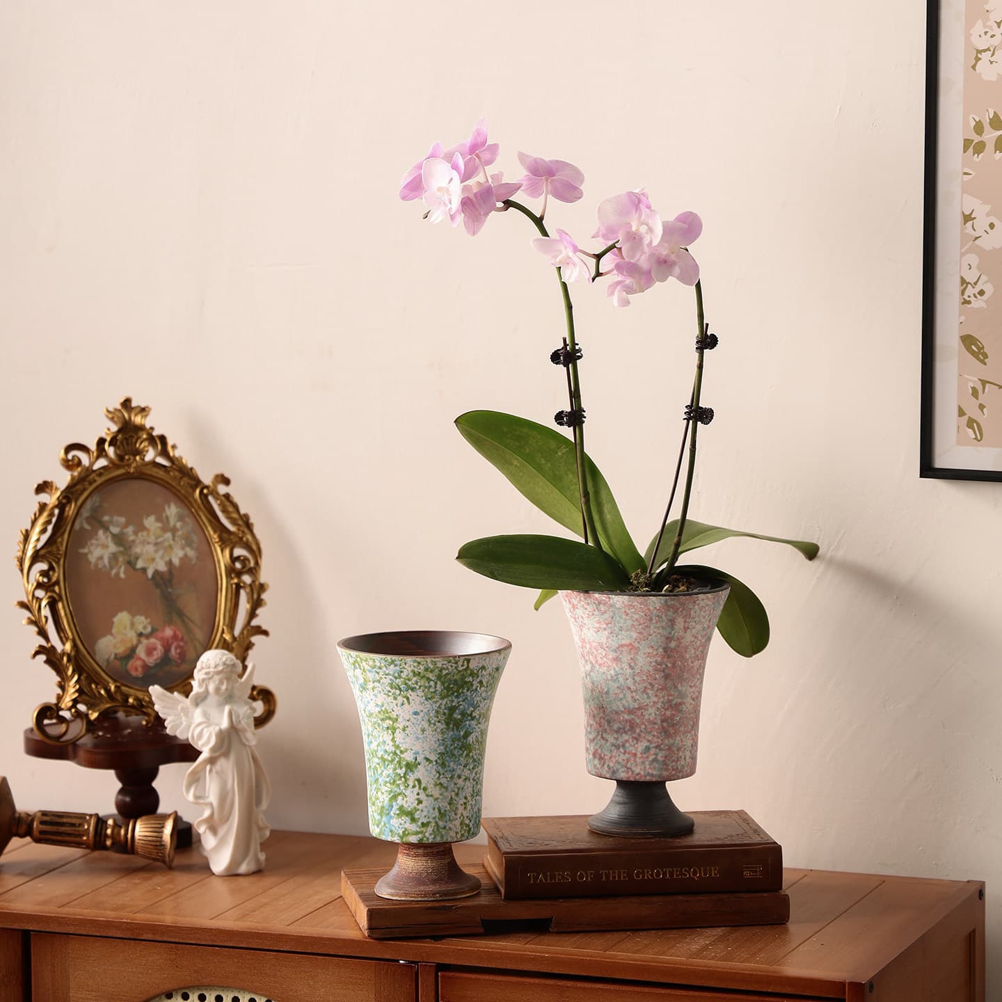 French Vintage Ceramic Flower Pot, Light Luxury Premium Home Green Plant Pot, Coarse Ceramic Triangle Bougainvillea Phalaenopsis Living Room Special