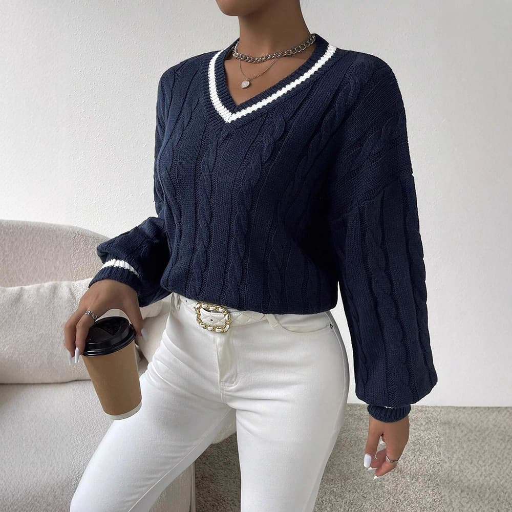 2024 Autumn/Winter Fashion Contrast Cable Knit Sweater for Women, Loose Fit V-Neck Casual Top