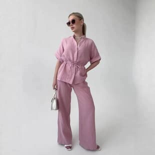 European and American 2026 Summer New Short Sleeve Long Pants Two-Piece Set Cross-Border Tie Blouse Wide Leg Pants Fashion Casual Suit