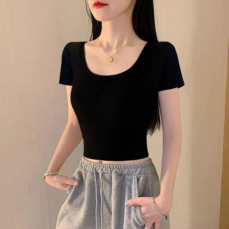 Women's U-Neck Black Short-Sleeved T-Shirt 2025 New Spring Summer Cotton Half-Sleeve Slim Fit Large Neckline T-Shirt Top