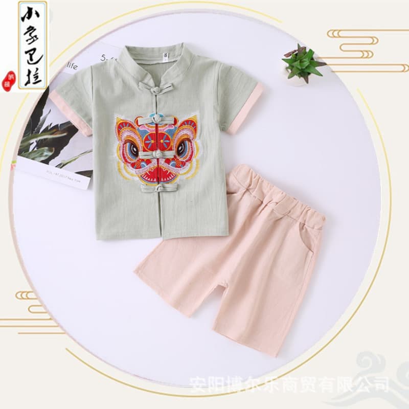 Children's Hanfu Boys' First Birthday Dress Baby Chinese Short-Sleeved Tang Suit Children's National Trend Retro Embroidered Set Summer