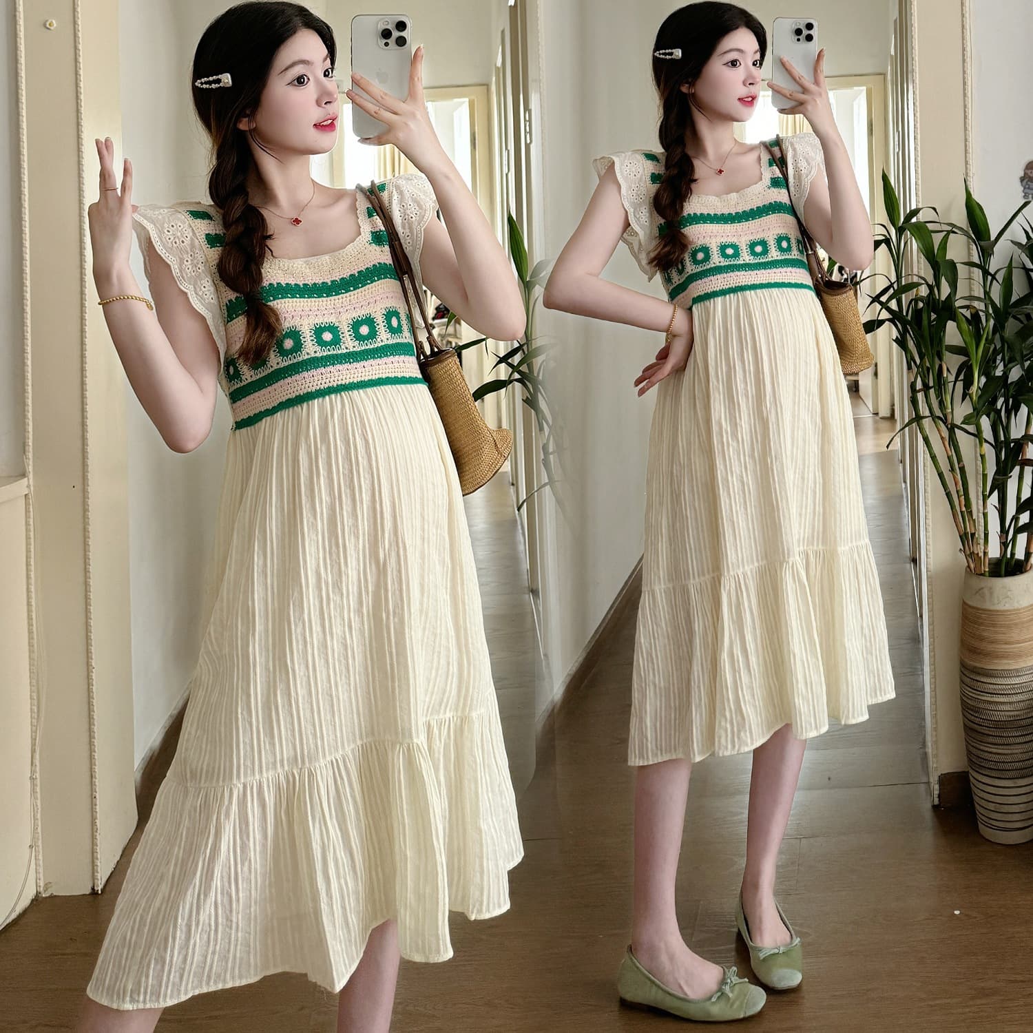 Real Price Stitched Loose Knit Maternity Summer Midi Dress Korean Style Real Shot New Fashion Maternity
