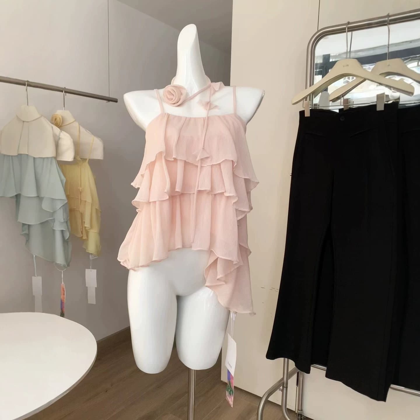 "Xingxing" sweet peach pink top design off-shoulder chiffon shirt French top women's one-shoulder shirt suspender summer