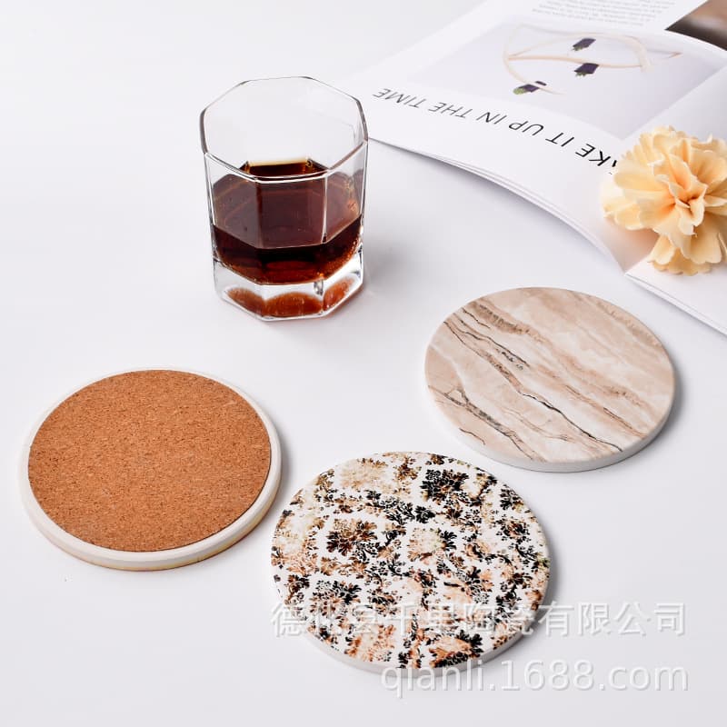 Manufacturer wholesale ceramic coasters DIY blank cultural embossed gold-stamped absorbent cork car coasters heat insulation pot pads