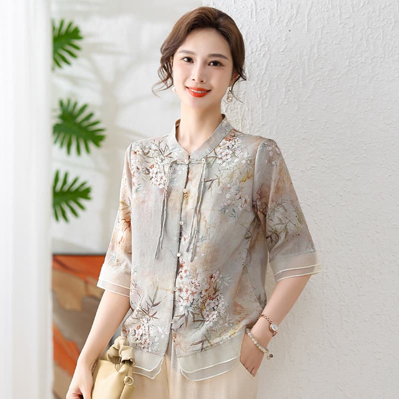 New Summer Style Short-Sleeve Blouse for Mothers, Trendy Chinese Style Knot Button Top for Middle-Aged and Elderly Women