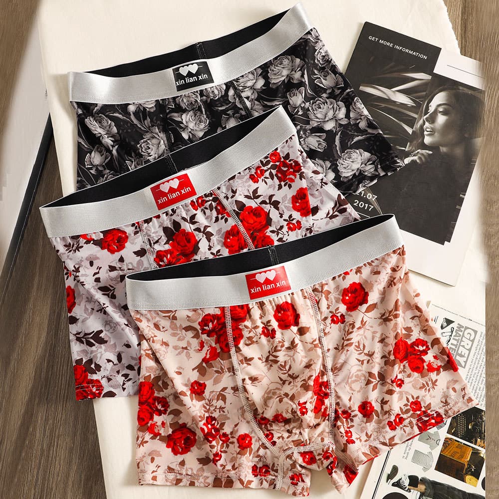 Ice Silk Men's Underwear Trendy Rose Print Soft Comfortable Fashion Boxer Briefs Mid Waist