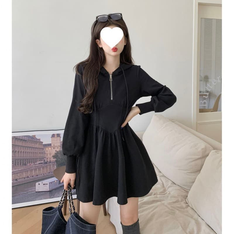 Plus Size Black Hooded Casual Sweatshirt Dress for Women, Autumn/Winter, Waist-Cinching A-Line Short Dress