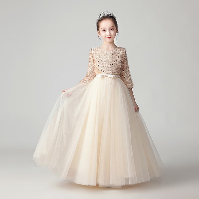 Girls' Princess Dress Birthday Autumn Winter Runway Performance Host Piano Recital Outfit Long Sleeve High-End Children's Evening Gown