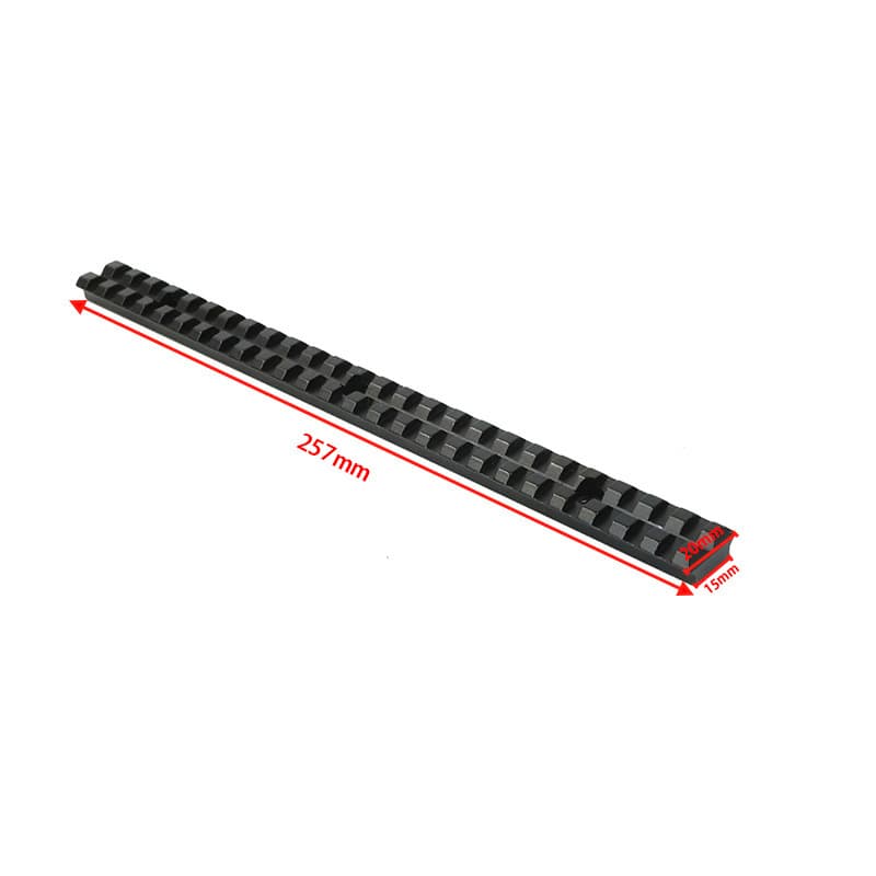 Aluminum Picatinny rail with 25 slots and 257mm length and 20mm mounting hole