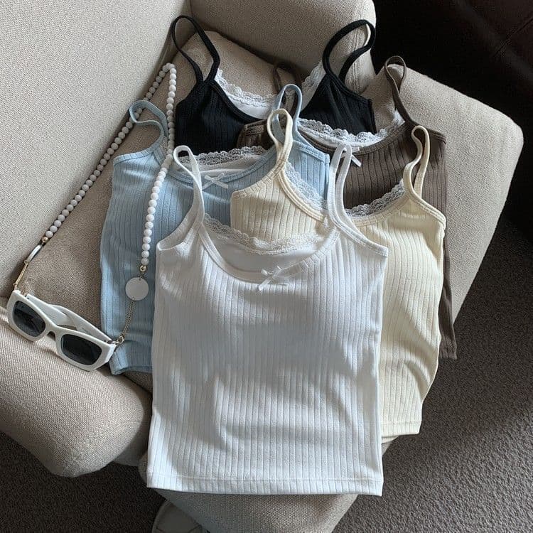 Pure Lace Trim Camisole Top for Women with Padded Cups, Butterfly Knot Slim Fit Short Sleeveless Summer