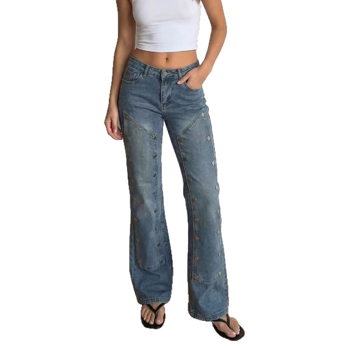 2026 Spring New Washed Distressed Patchwork Wide-Leg Jeans High-Waist Slimming Women's Denim