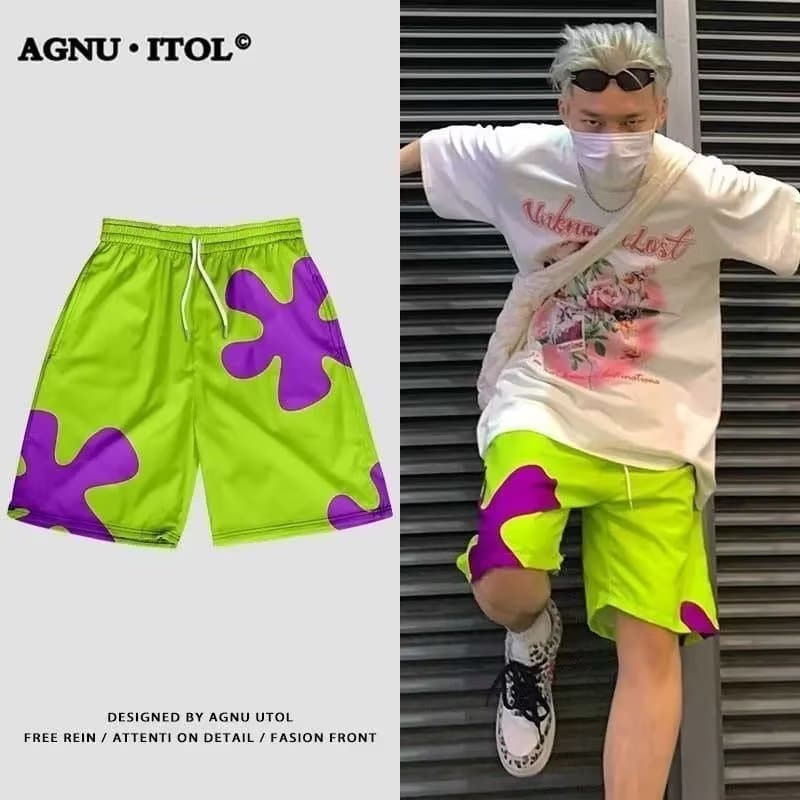 SpongeBob SquarePants Shorts for Men - Thin Summer Fashion Home Ice Silk Large Size Sports Sleep Pants Loose Beach Floral Pants Five Points