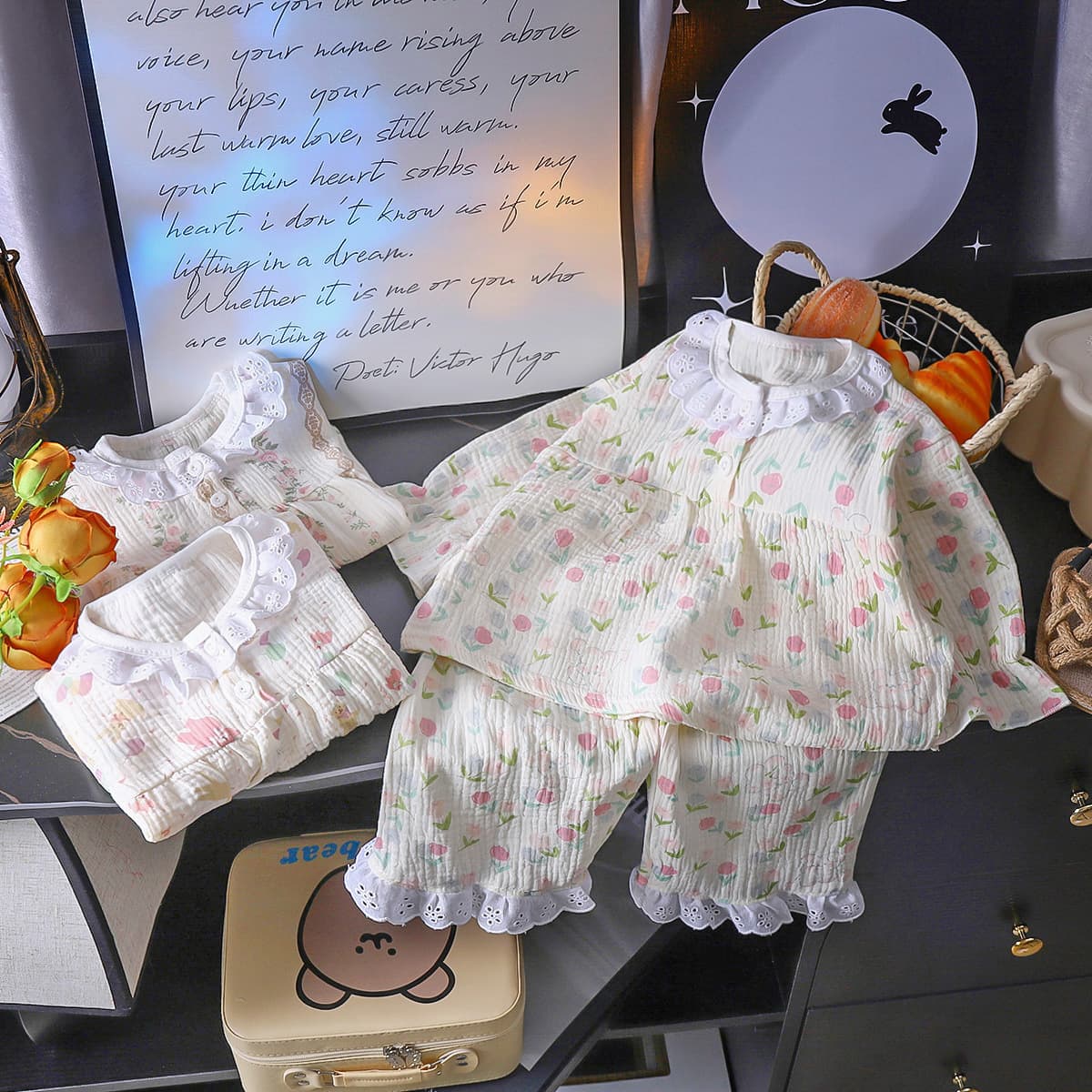 2025 New Parent-Child Clothes Girls Fashionable Home Clothes Pure Cotton Double Layer Cotton Yarn Lace Suit Baby Breathable Air Conditioner