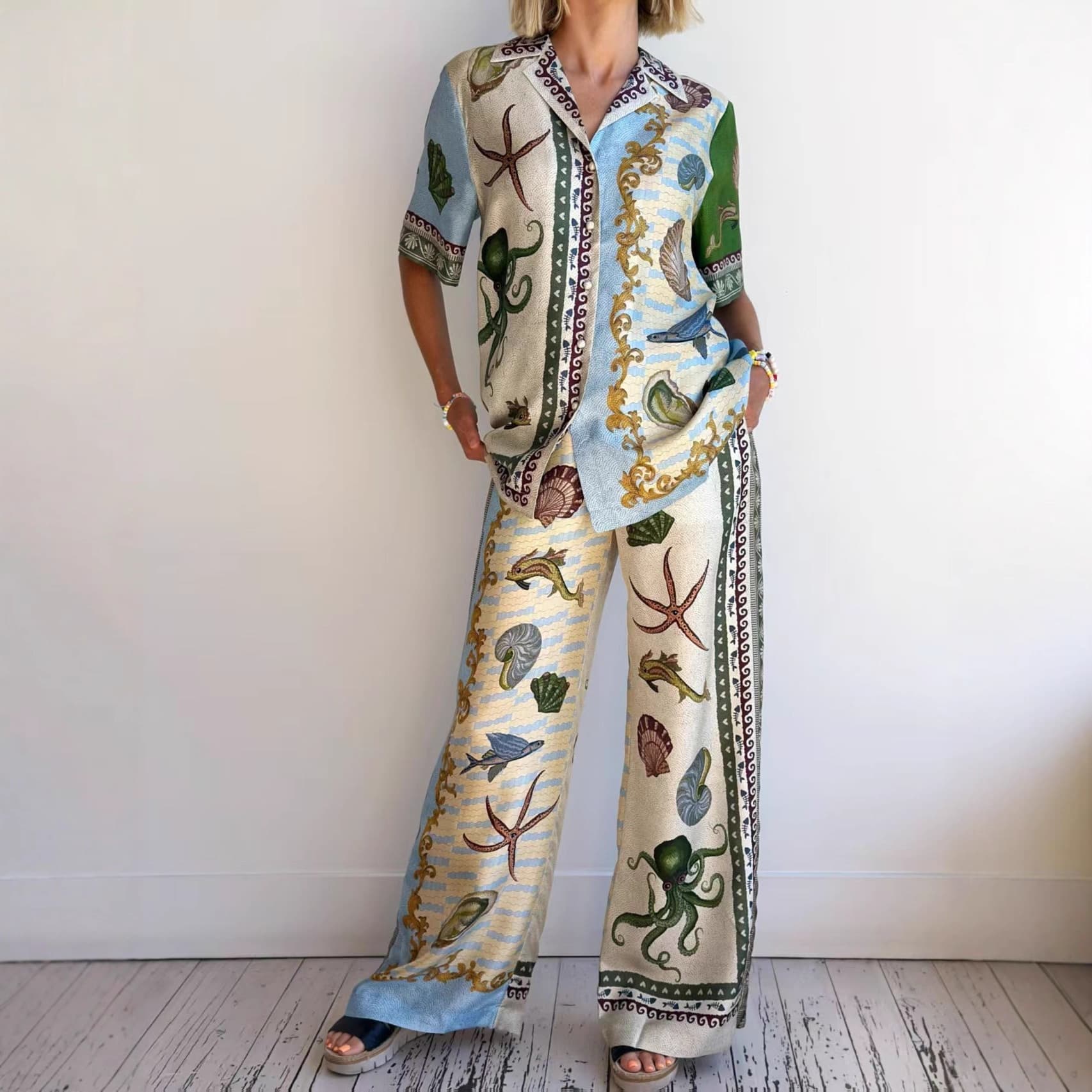 Casual Versatile Linen Shirt Suit Set 2025 New Elegant Commute Animal Pattern Printed Long Pants Three-Quarter Sleeve Women