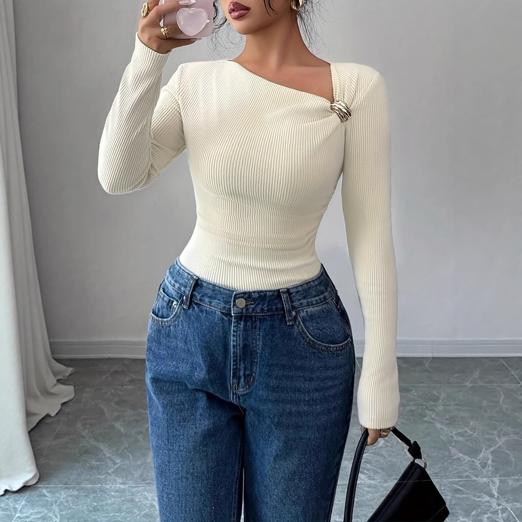 European and American cross-border foreign trade women's clothing Amazon TEMU Xiyin fashion metal texture button oblique collar pit strip long-sleeved T-shirt