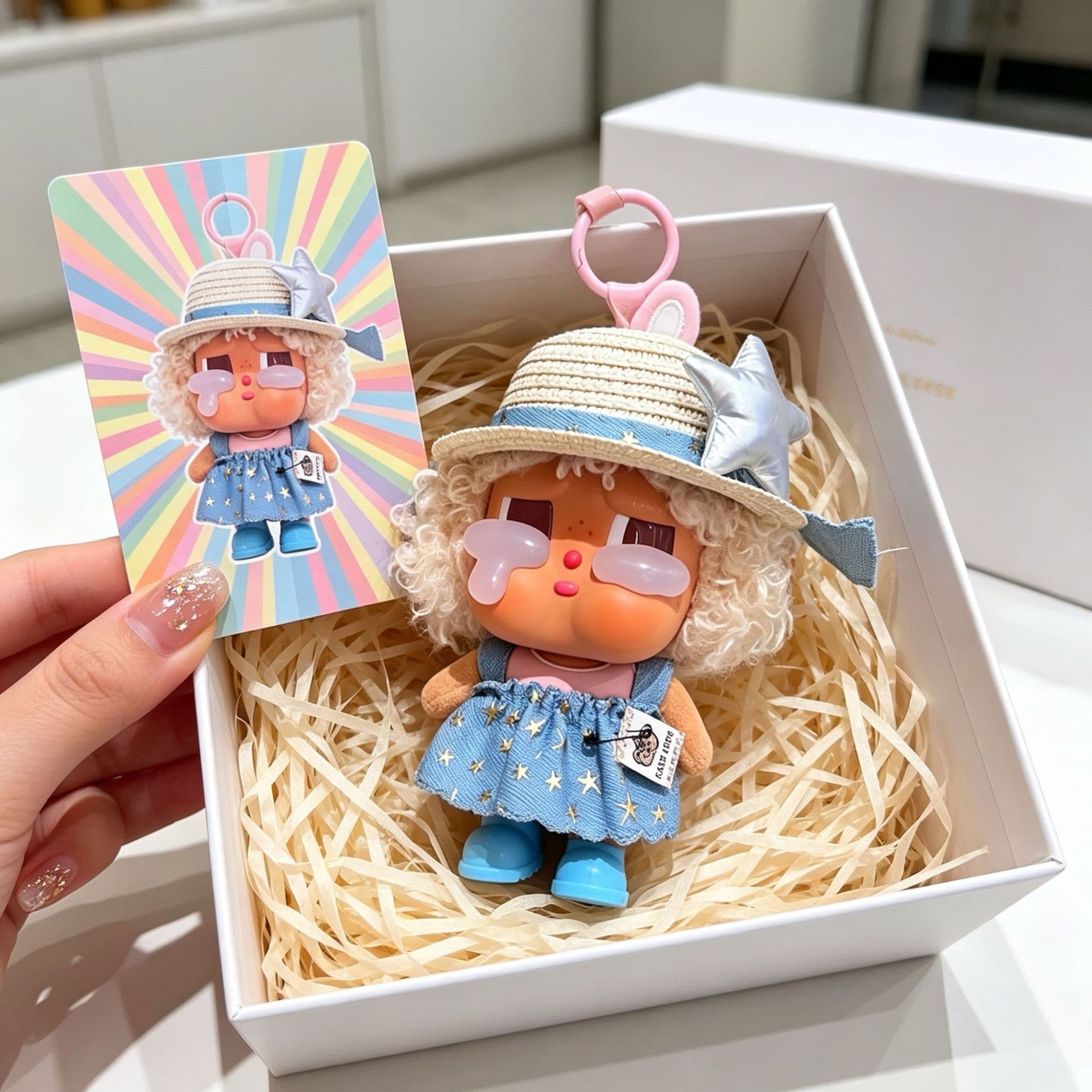 Resort-style CRYBABY crying baby vinyl keychain doll clothes vacation series denim set trendy toy keychain dress-up
